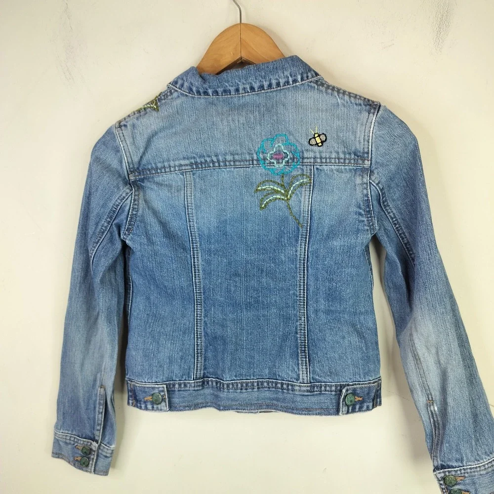 Gap Denim Jacket XL Girls Embroidered Floral Dragonfly Distressed